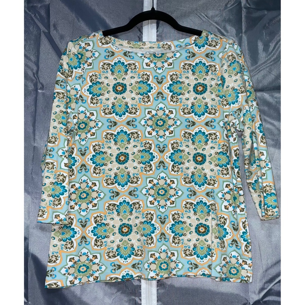 Croft & Barrow Medallion Floral 3/4 Sleeve Top Blue Gold Beige Size Medium